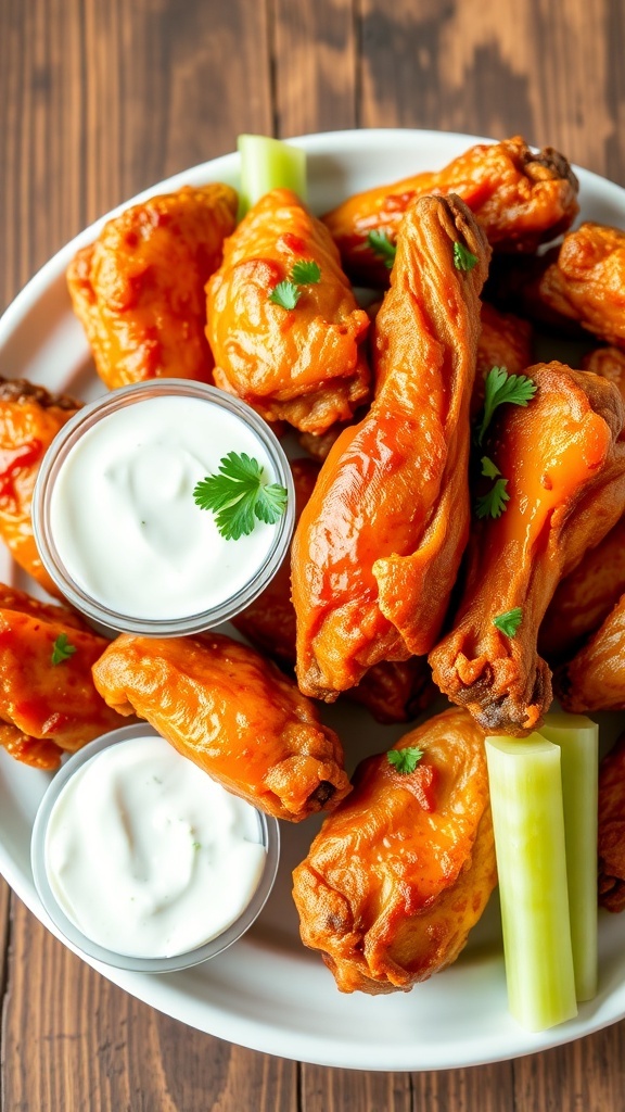 Crispy chicken wings garnished with parsley, served with ranch dressing and celery on a wooden table.